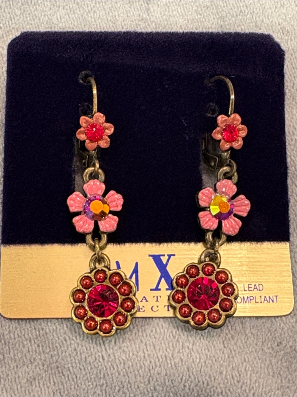 Linear Pink/Red Dainty Flower Dangle Earrings, NWT-Boutique